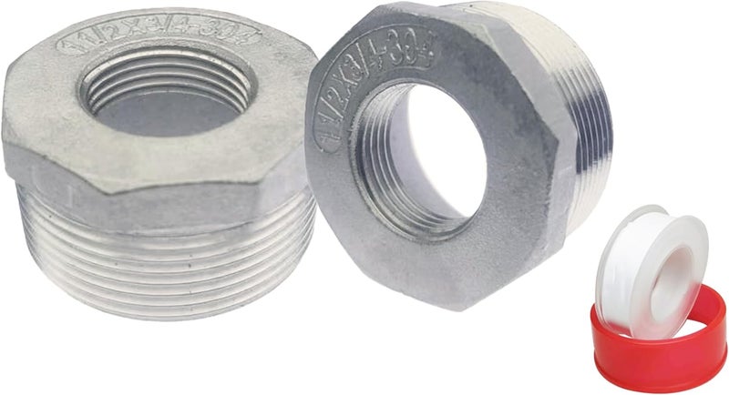 POTONZ 1-1/2" Male to 3/4" Female NPT Threaded Reducer Hex Bushing 304 Stainless Steel Reducing Adapter Pipe Fitting With Teflon Plumbers Tape(Pack of 2) - Image 1